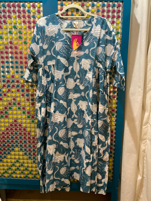 BLOCK PRINT MILOS DRESS BLUE